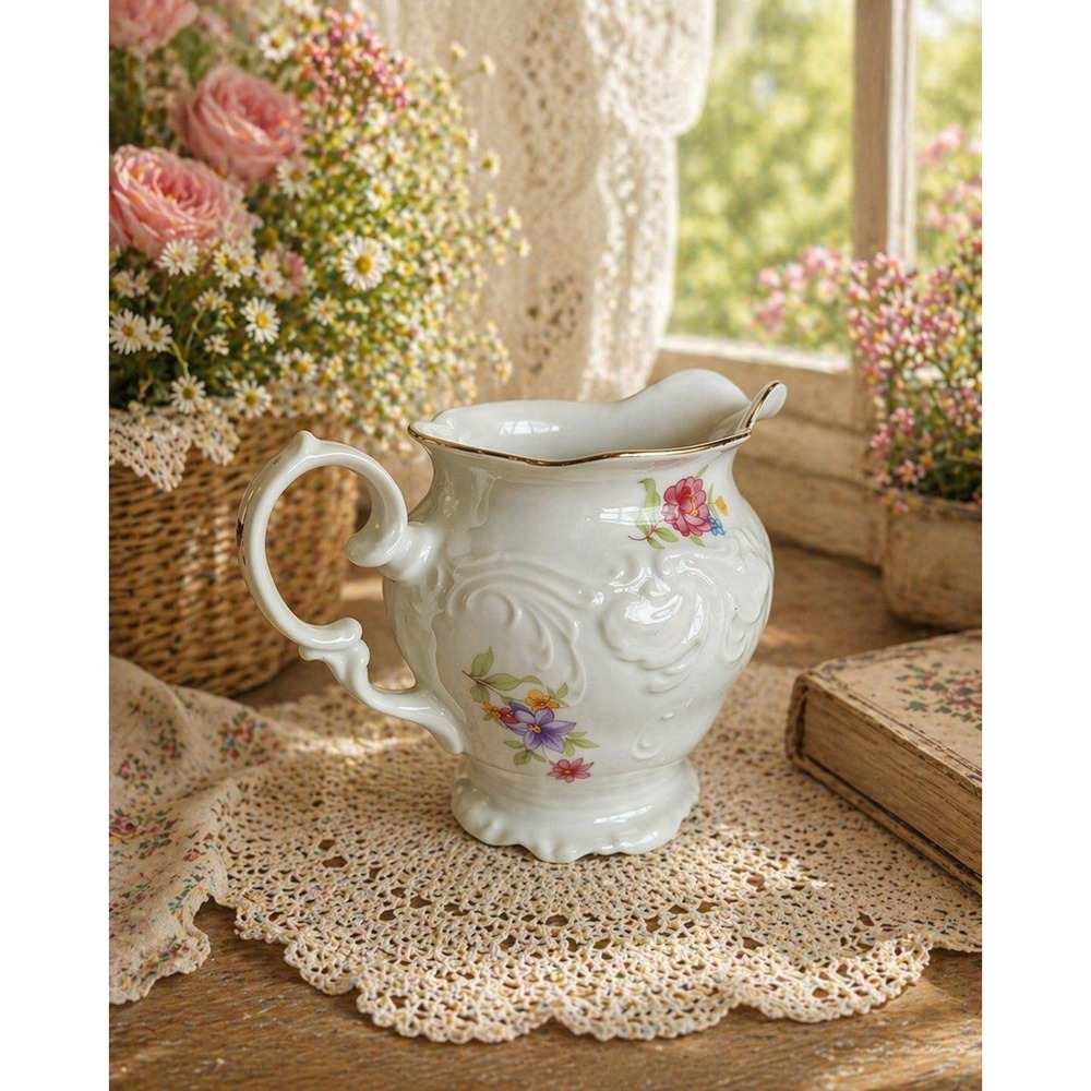 Walbrzych Poland White Embossed Floral Gold Rim‎ Creamer Cottage Vtg Tea Party